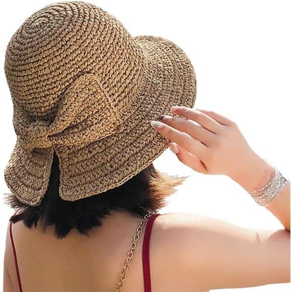 Foldable Wide Brim Floppy Straw Beach Sun Hat,Summer Cap with Bowknot for Women - Picture 1 of 8